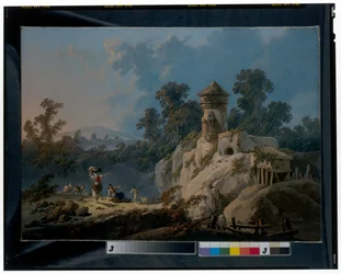 Un vaste paysage avec des bergers se reposant avec leurs troupeaux sous une tour