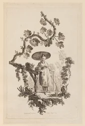 Figure avec parasol sous une branche