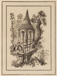 Trois figures devant une structure avec des arbres