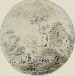 Moulin à eau avec personnages près de la rivière