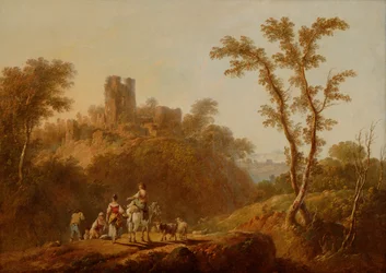 Paysage boisé et vallonné avec des paysans