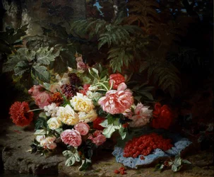 Nature morte de roses et framboises. Peinture de Jean Baptiste Robie (1821-1910) Collection privee.