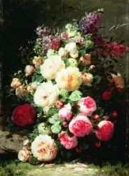 Nature morte avec des roses sur une berge mousseuse