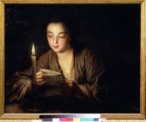 Fille à la bougie. Peinture de Jean Baptiste Santerre (1658-1717). 64 x 79 cm, vers 1700. Art français du XVIIIe siècle. Musée des Beaux-Arts Pouchkine, Moscou.