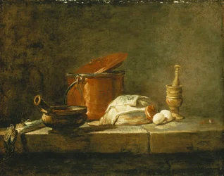 Poireaux, une casserole, un pot en cuivre avec un couvercle, une tranche de poisson, un oignon et deux œufs, avec un pilon et un mortier, sur un rebord, 1734