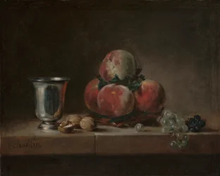 Nature morte avec pêches, un gobelet en argent, raisins et noix