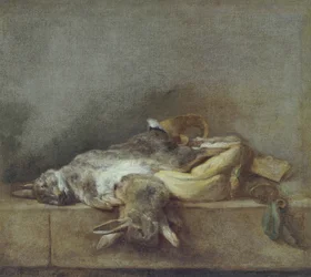 Nature morte avec lapins, un sac de gibier et une corne à poudre, c.1755