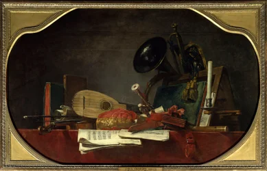 Les attributs de la musique, nature morte avec partition, violon, mandore, musette de cour, flûte traversière, cor et trompette