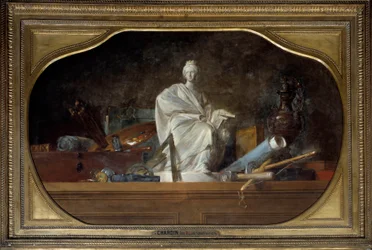 Les attributs des Arts Allégorie des arts avec outils de sculpteur, statuette