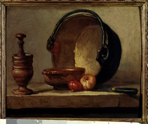 La marmite en cuivre nature morte avec mortier et oignons
