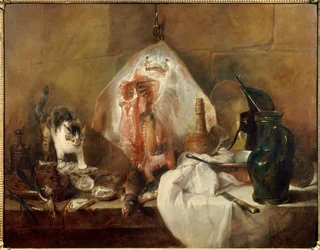 La raie, nature morte avec poissons, huîtres, cruche. Peinture par Jean Baptiste Simeon Chardin 1727 Paris, Musée du Louvre