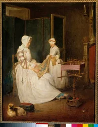 La mère travailleuse Une mère aidée par sa fille brodant et utilisant un métier à broder. Peinture de Jean Baptiste Simeon Chardin (1699-1779) XVIIIe siècle