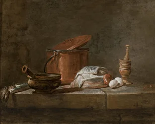 Poireaux, une casserole avec un linge, une marmite et un couvercle en cuivre, un oignon et des œufs avec un pilon et un mortier, sur un rebord en pierre.