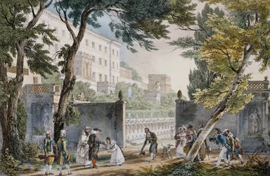 Une villa : scène de rencontre de la noblesse - gravure par Jean-Baptiste Thomas, vers 1820