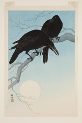 Corbeaux au clair de lune (estampe sur bois en couleur)