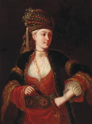 Une dame, trois-quarts de longueur, en costume oriental
