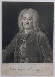 Portrait de John James Heidegger (1666-1749), impresario suisse à Londres, gravé par John Faber (1684-1756), 1749