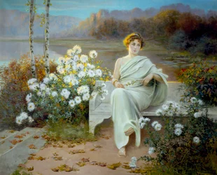 Rome antique : "Reverie" Une jeune femme assise sur un banc dans un jardin fleuri le regard perdu dans ses pensees. Peinture de Jean Beauduin (1851-1916) 1901 Collection privee