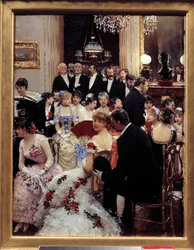 La soirée. Peinture de Jean Béraud (1849-1936). Dimensions 0,35 x 0,27 m. Paris, Musée Carnavalet - La soirée. Huile sur bois, 0,35 x 0,27 m. Paris, Musée Carnavalet.