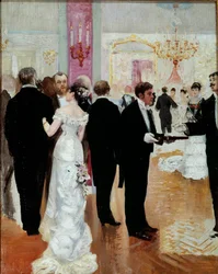 La réception. Une soirée mondaine dans la société parisienne de la Belle Époque. Peinture de Jean Béraud (1849-1935), XXe siècle. Collection privée