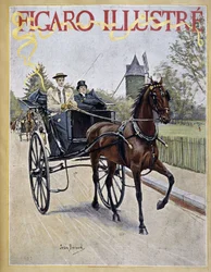 Femme conduisant une calèche avec un homme assis à côté - couverture de « Figaro Illustré »