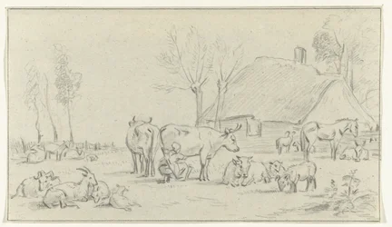 Ferme avec bétail et femme trayant