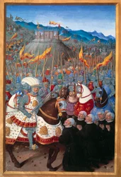Louis XII (1462-1515) reçoit six bourgeois de Gênes à genoux (25 avril 1507). Miniature par Jean Bourdichon (1457? - 1521) dans "Voyage de Gênes" (Folio 20v) écrit par Jean Marot, v.1508. Paris, B N