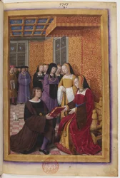 Miniature de dédicace du Voyage de Gênes : Jean Marot remet son ouvrage à Anne de Bretagne