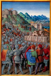 Les Génois attaquent le Castellacio de Gênes gardé par les Français (12 mars 1507). Miniature de Jean Bourdichon dans "Voyage de Gênes" (Folio 20v) écrit par Jean Marot, v.1508