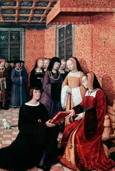 Le poète Jean Marot (1450-1526) remettant son œuvre Voyage à Gênes à Anne de Bretagne (1477-1514), vers 1508, miniature de Jean Bourdichon (1457-1521). France
