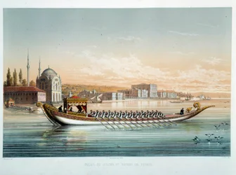Empire ottoman : le palais du Sultan et le bateau de parade à Constantinople. Aquarelle de Jean Brindesi (1826-1888)