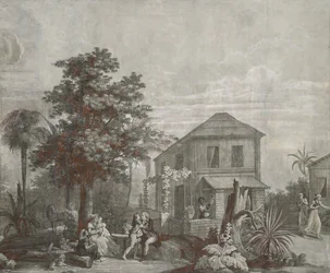 Temps en famille, panneau de papier peint de la série "Paul et Virginie", par Dufour & Cie, vers 1823