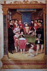 Antoine Macault lisant sa traduction au roi François Ier (1494-1547) et à sa cour Le roi est entouré de ses fils François, Henri (futur Henri II) et Charles. À gauche, représentations (de gauche à droite): Claude d