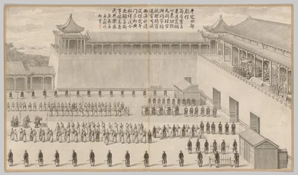 La présentation des captifs ouïgours : des scènes de bataille de la répression des rébellions..., vers 1765-177