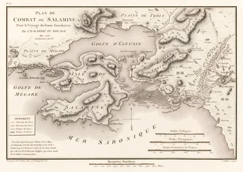 Plan du Combat de Salamine Pour le Voyage du Jeune Anacharsis (Plan de la Bataille de Salamine 480 av. J.-C.) par Jean Denis Barbie du Bocage (1760-1825) du Voyage du jeune Anacharsis en Grèce