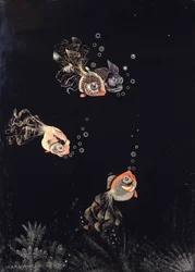 Un panneau laqué par Jean Dunand, représentant une scène sous-marine avec des poissons rouges et dorés soufflant des bulles d