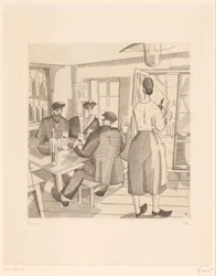 Intérieur de café avec clients et serveuse
