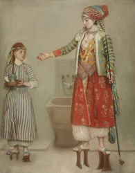 Une dame en costume turc avec son serviteur au hammam, milieu du 18ème siècle
