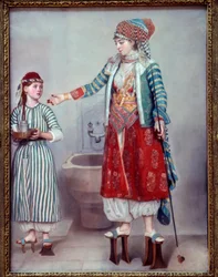 Orientalisme : Dame française vêtue à la turque et sa servante. Les deux femmes portent des plateformes en bois utilisées dans le hammam. Pastel de Jean Etienne Liotard (1702-1789) 1742 Dim. 0,71 x 0,53 m Genève, musée d