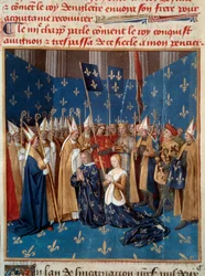 Couronnement de Louis VIII (1187-1226) et de Blanche de Castille (1188-1252) à Reims en 1224. Miniature du manuscrit « Grandes Chroniques de France » par Jean Fouquet (1420-1481), XVe siècle. Paris, B.N.