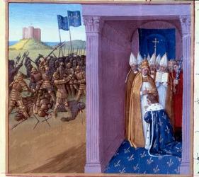 Défaite de Griffon (scène de gauche) : Combat de Pépin le Bref (714-768) et de son frère Griffon. Anneaux de Pépin le Bref à Laon en 754. Miniature dans Grandes chroniques de France (Folio 76) enluminée par Jean Fouquet (15e siècle) 1493. Paris, BN