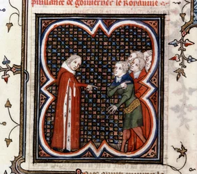 Étienne Marcel, prévôt des marchands de Paris, raconté par le roi Jean II le Bon (1319-1364) de France pour respecter la "Grande Ordonnance" de 1357 et réprimandé pour sa conduite, dans "Les Grandes Chroniques de France" par Jean Fouquet, vers 1460