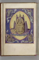 Dieu le Père avec les symboles des quatre évangélistes dans les coins. Livre d