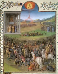 Ms Fr 247 f.70 Bataille des Hébreux contre les Cananéens et le Châtiment de Coré et des rebelles, illustration des 