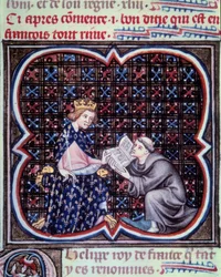 Le primat présentant le texte des Grandes Chroniques de France à Philippe III. Miniature du manuscrit par Jean Fouquet. Paris, B.N.