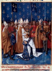 Sacre de Charles VI à Reims en 1380. Miniature des « Grandes Chroniques de France » (folio 457v), enluminée par Jean Fouquet (1420-1481), 1455-1460. Bibliothèque nationale, Paris.