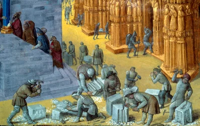 La construction du temple de Jérusalem par le roi Salomon. Détail représentant les tailleurs de pierre. Miniature du manuscrit « Les Antiquités judaïques » de Flavius Josèphe (Giuseppe Flavio, Flavius Josephus) (37-100), illustré par Jean Fouquet