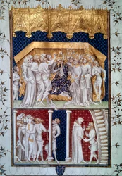 Le couronnement de Charles VI (1368-1422) par les pairs de France le 16/09/1380. Miniature tirée des « Grandes Chroniques de France », XVe siècle, Paris, Bibliothèque nationale