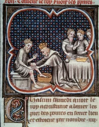 Le pied de Louis IX (1214-1270) (Saint Louis) : il donne à manger et lave les pieds des pauvres. Miniature du manuscrit Les Grandes Chroniques de France par Jean Fouquet (1420-1481) XVe siècle. Paris, B.N.