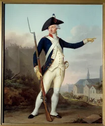 Révolution française : « Portrait en pied du citoyen Nau Deville en uniforme de la Garde nationale (au fond, démolition de la Bastille) »